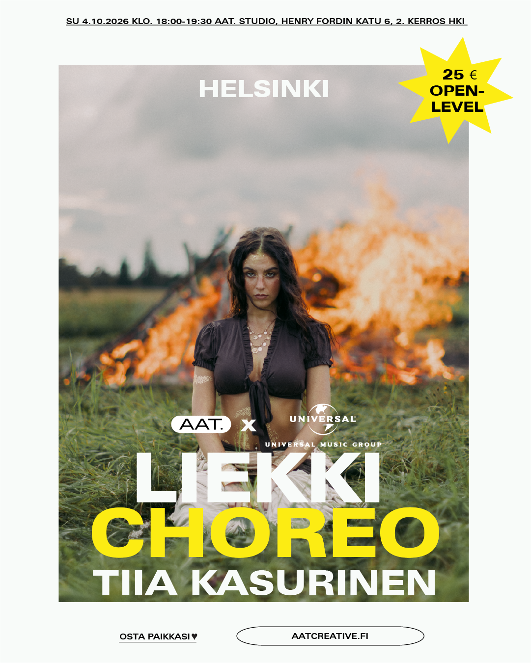 AAT. x Universal Music / HKI Workshop su 4.10.2026 18-19:30 / Liekki Choreo / Open level / Tiia Kasurinen